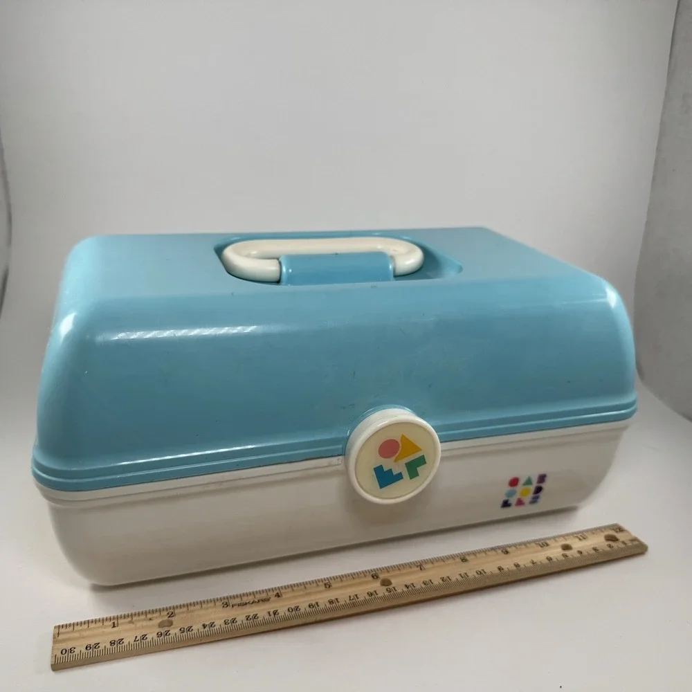 Vintage Caboodles Makeup Case Blue White 90s Cosmetic Organizer Mirror Latch Box